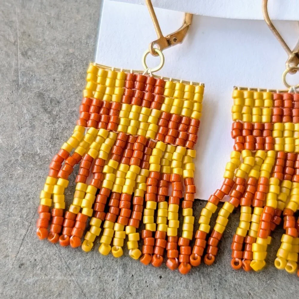 Handmade Yellow Orange Square Checkered Pattern Stitch Beaded Earrings - Picture 2 of 5